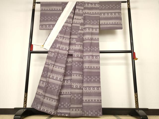 平和屋着物▽上質な紬 単衣 琉球絣横段文 正絹 逸品 AAAT2981iu