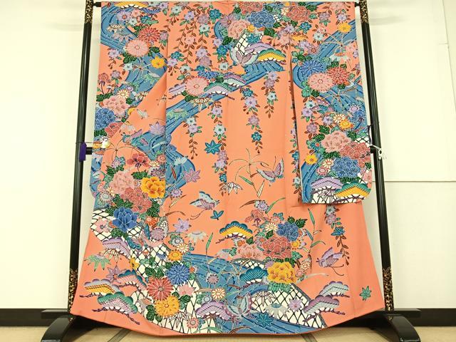 平和屋着物●紅型 振袖 流水花蝶文 鬼しぼ縮緬 正絹 逸品 AAAT3041np