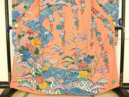 平和屋着物●紅型 振袖 流水花蝶文 鬼しぼ縮緬 正絹 逸品 AAAT3041np