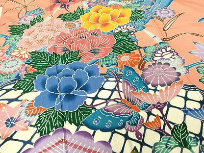 平和屋着物●紅型 振袖 流水花蝶文 鬼しぼ縮緬 正絹 逸品 AAAT3041np