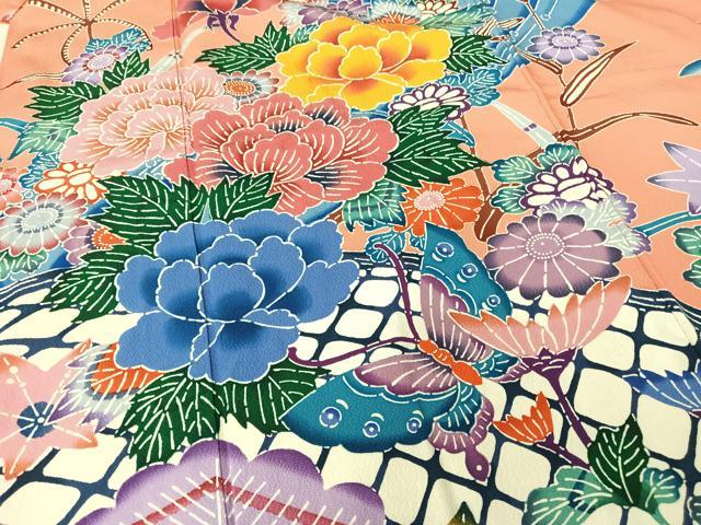 平和屋着物●紅型 振袖 流水花蝶文 鬼しぼ縮緬 正絹 逸品 AAAT3041np