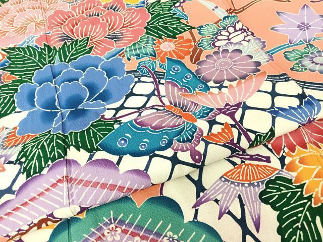 平和屋着物●紅型 振袖 流水花蝶文 鬼しぼ縮緬 正絹 逸品 AAAT3041np