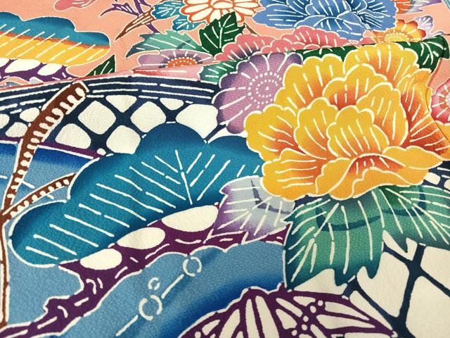 平和屋着物●紅型 振袖 流水花蝶文 鬼しぼ縮緬 正絹 逸品 AAAT3041np