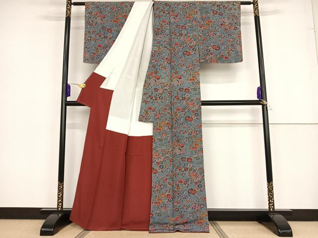 平和屋着物●上質な小紋 型染め 草花文 鬼しぼ縮緬 正絹 逸品 AAAT3061np