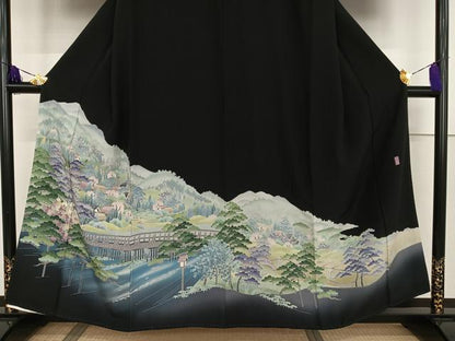 平和屋着物●十日町友禅作家　阿部佳雪　黒留袖　風景文　嵐山　暈し染め　正絹　逸品　AAAT3118np