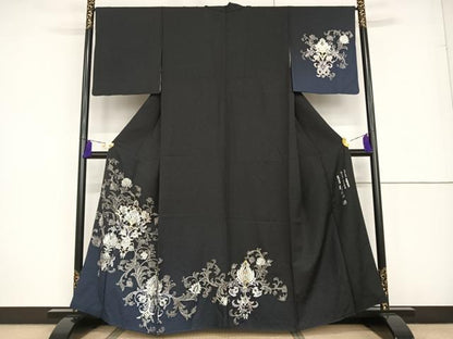 平和屋着物●金彩友禅　卓越技能者・名工・和田光正　訪問着　更紗花文　暈し染め　黒地　金銀彩　正絹　逸品　AAAT3132np