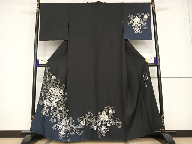 平和屋着物●金彩友禅　卓越技能者・名工・和田光正　訪問着　更紗花文　暈し染め　黒地　金銀彩　正絹　逸品　AAAT3132np