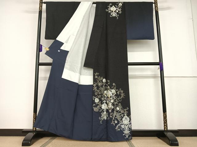 平和屋着物●金彩友禅　卓越技能者・名工・和田光正　訪問着　更紗花文　暈し染め　黒地　金銀彩　正絹　逸品　AAAT3132np