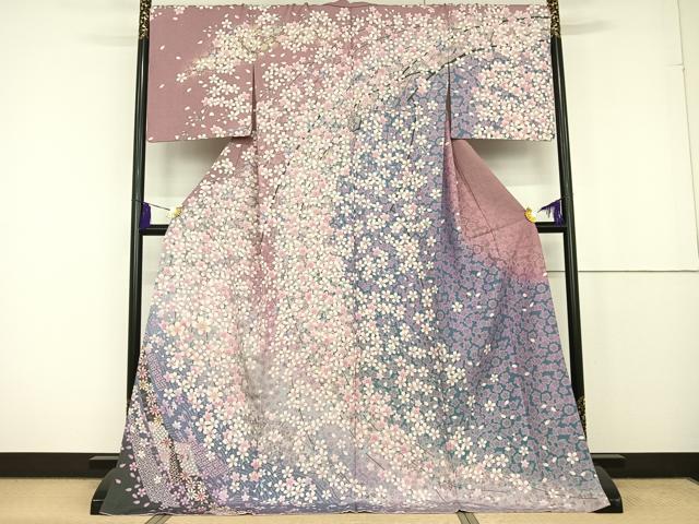 平和屋着物●訪問着 駒刺繍 枝桜 金糸 銀通し地 ロング丈 正絹 逸品 AAAT3144np