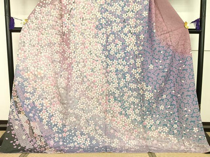 平和屋着物●訪問着 駒刺繍 枝桜 金糸 銀通し地 ロング丈 正絹 逸品 AAAT3144np
