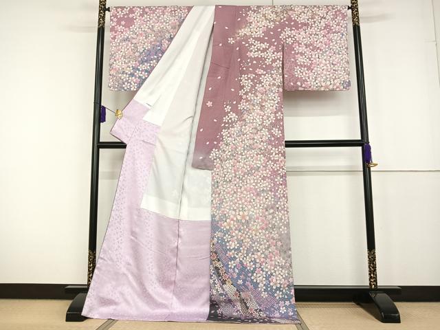 平和屋着物●訪問着 駒刺繍 枝桜 金糸 銀通し地 ロング丈 正絹 逸品 AAAT3144np