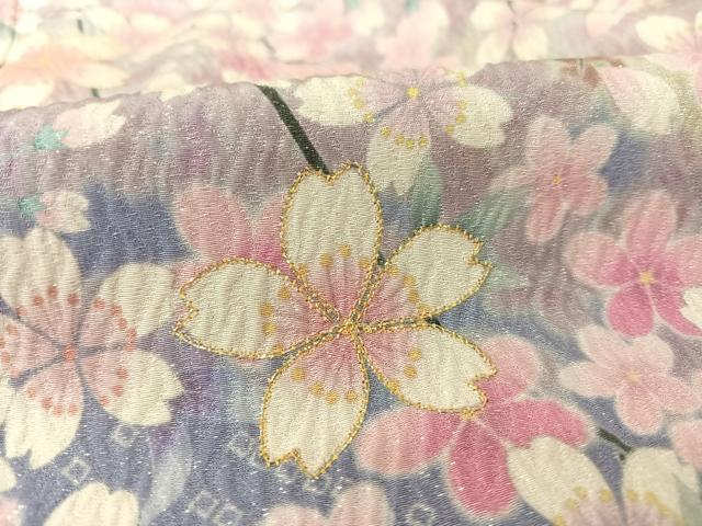 平和屋着物●訪問着 駒刺繍 枝桜 金糸 銀通し地 ロング丈 正絹 逸品 AAAT3144np