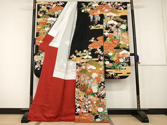 平和屋着物●豪華振袖 友禅 幔幕御所車草花文 黒地 金糸 金彩 正絹 逸品 AAAT3148np