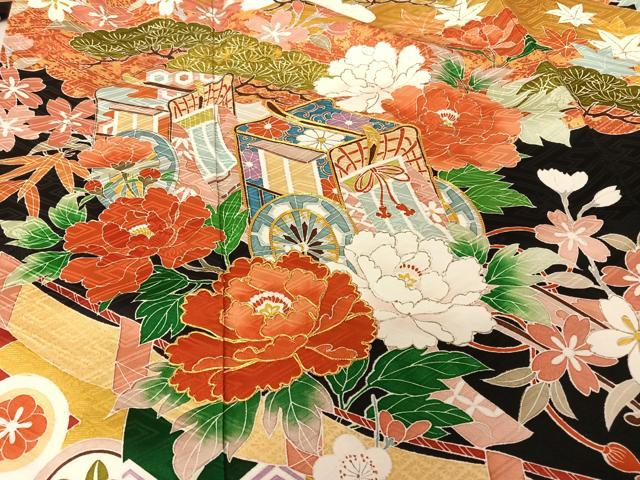 平和屋着物●豪華振袖 友禅 幔幕御所車草花文 黒地 金糸 金彩 正絹 逸品 AAAT3148np
