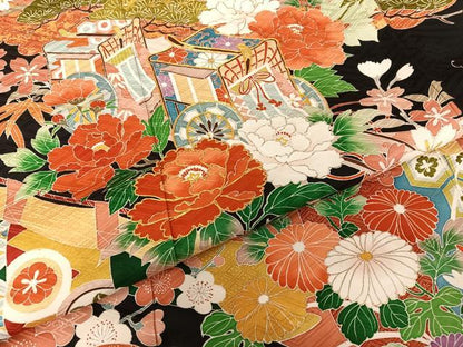 平和屋着物●豪華振袖 友禅 幔幕御所車草花文 黒地 金糸 金彩 正絹 逸品 AAAT3148np