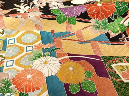 平和屋着物●豪華振袖 友禅 幔幕御所車草花文 黒地 金糸 金彩 正絹 逸品 AAAT3148np