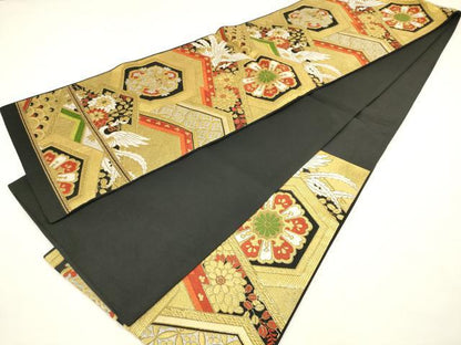 平和屋本店●六通柄袋帯 亀甲花文 鳳凰 松皮菱 黒地 金銀糸 正絹 逸品 AAAT3563ay