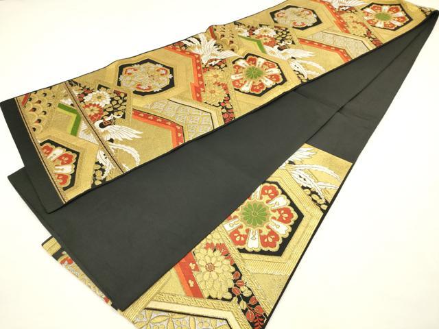 平和屋本店●六通柄袋帯 亀甲花文 鳳凰 松皮菱 黒地 金銀糸 正絹 逸品 AAAT3563ay