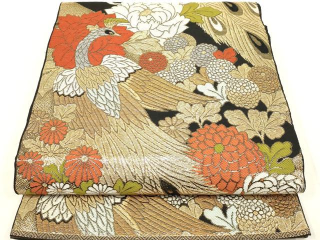 平和屋本店●六通柄袋帯 孔雀花文 黒地 金銀糸 正絹 逸品 AAAT3567ay