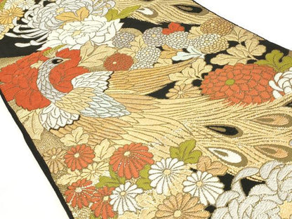 平和屋本店●六通柄袋帯 孔雀花文 黒地 金銀糸 正絹 逸品 AAAT3567ay