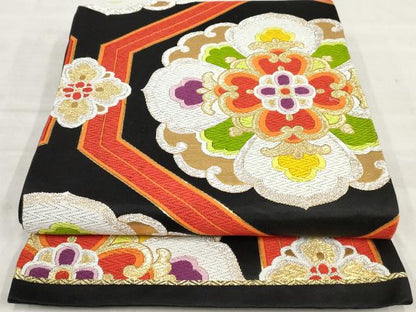 平和屋着物◎六通柄袋帯 唐織 正倉院花文 黒地 金銀糸 正絹 逸品 AAAT3663sg