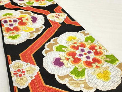 平和屋着物◎六通柄袋帯 唐織 正倉院花文 黒地 金銀糸 正絹 逸品 AAAT3663sg