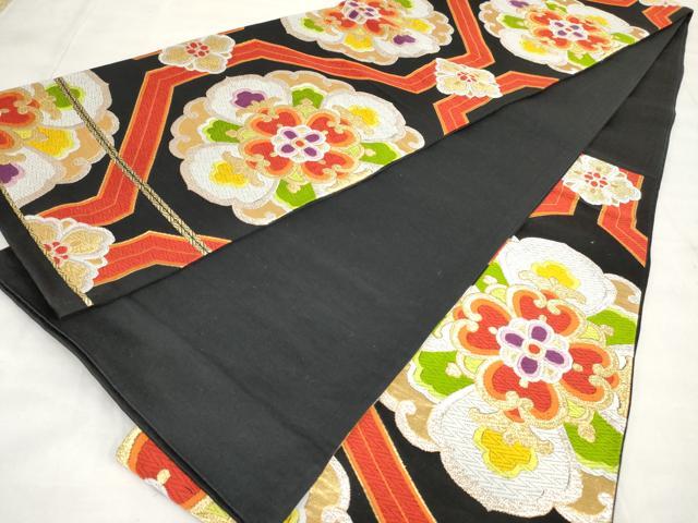 平和屋着物◎六通柄袋帯 唐織 正倉院花文 黒地 金銀糸 正絹 逸品 AAAT3663sg