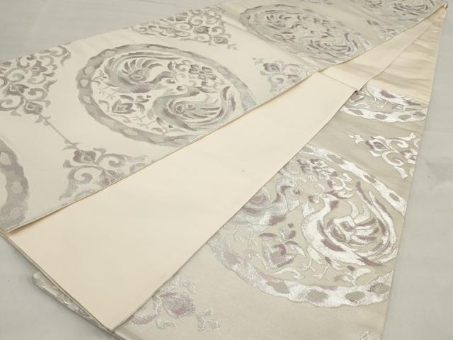 平和屋着物◎六通柄袋帯 向かい花鳥文 銀糸 正絹 逸品 AAAT3667sg