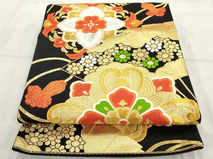 平和屋着物◎六通柄袋帯 唐織 檜扇花文 黒地 金銀糸 正絹 逸品 AAAT3677sg