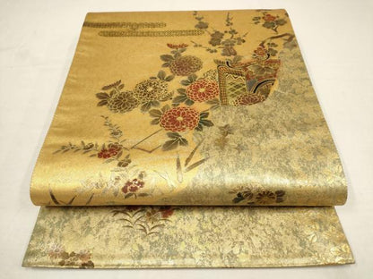 平和屋着物●漆工芸作家 金森一博 六通柄袋帯 御所車草花文 金彩 引箔 正絹 逸品 AAAT3729wj