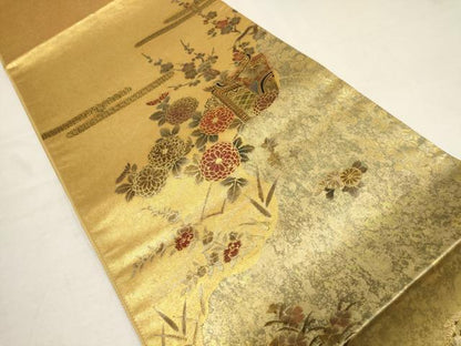 平和屋着物●漆工芸作家 金森一博 六通柄袋帯 御所車草花文 金彩 引箔 正絹 逸品 AAAT3729wj