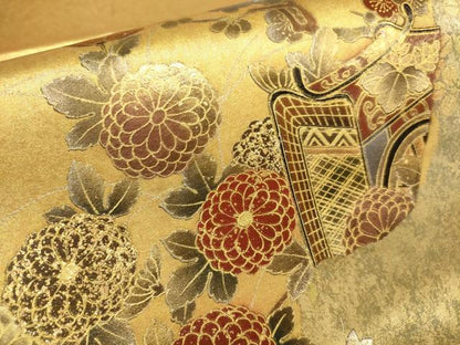 平和屋着物●漆工芸作家 金森一博 六通柄袋帯 御所車草花文 金彩 引箔 正絹 逸品 AAAT3729wj