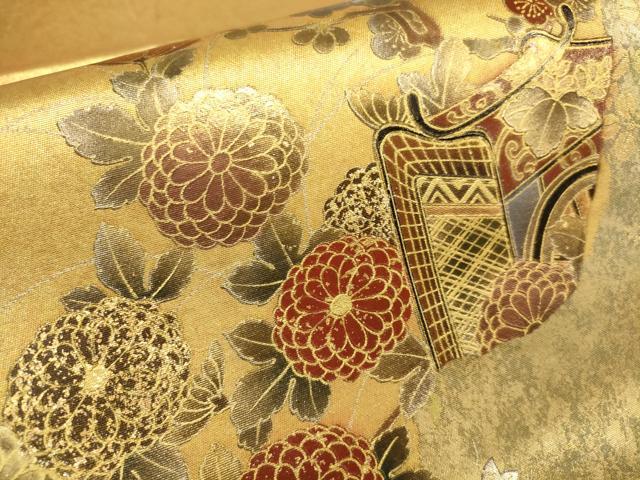 平和屋着物●漆工芸作家 金森一博 六通柄袋帯 御所車草花文 金彩 引箔 正絹 逸品 AAAT3729wj