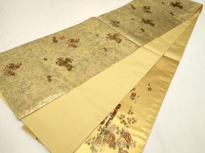 平和屋着物●漆工芸作家 金森一博 六通柄袋帯 御所車草花文 金彩 引箔 正絹 逸品 AAAT3729wj