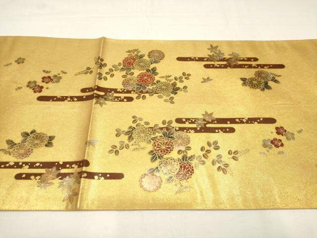 平和屋着物●漆工芸作家 金森一博 六通柄袋帯 御所車草花文 金彩 引箔 正絹 逸品 AAAT3729wj