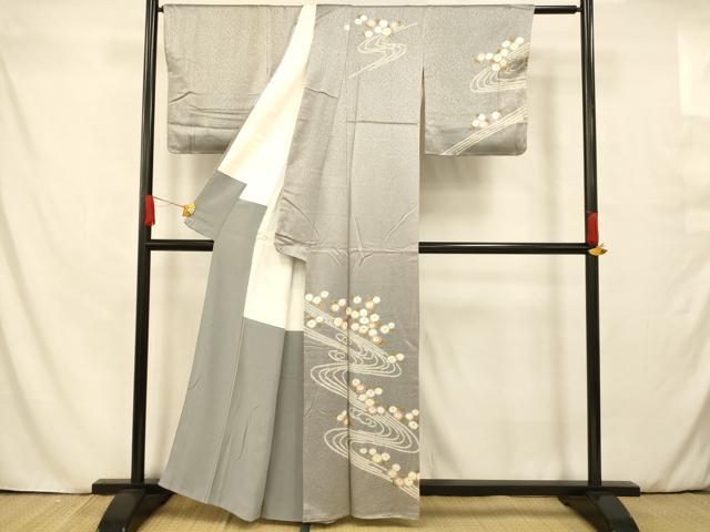 訪問着　流水草花文 たたき染め　金彩 正絹　逸品 平和屋着物□訪問着 絞り 流水草花文 暈し染め 金彩 正絹 逸品