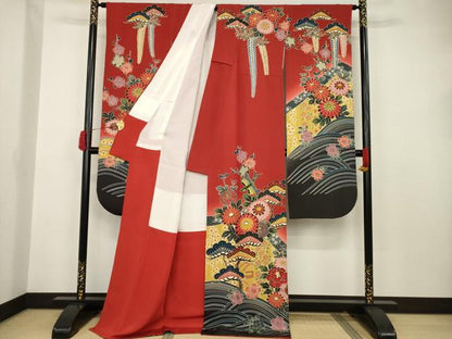平和屋着物●極上　手ざし京紅型染・宮崎紅型　宮崎良次　振袖・長襦袢(無双)セット　花鳥文　暈し染め　ロング丈　正絹　逸品　AAAT5081ck