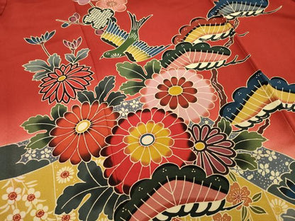 平和屋着物●極上　手ざし京紅型染・宮崎紅型　宮崎良次　振袖・長襦袢(無双)セット　花鳥文　暈し染め　ロング丈　正絹　逸品　AAAT5081ck