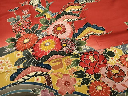 平和屋着物●極上　手ざし京紅型染・宮崎紅型　宮崎良次　振袖・長襦袢(無双)セット　花鳥文　暈し染め　ロング丈　正絹　逸品　AAAT5081ck