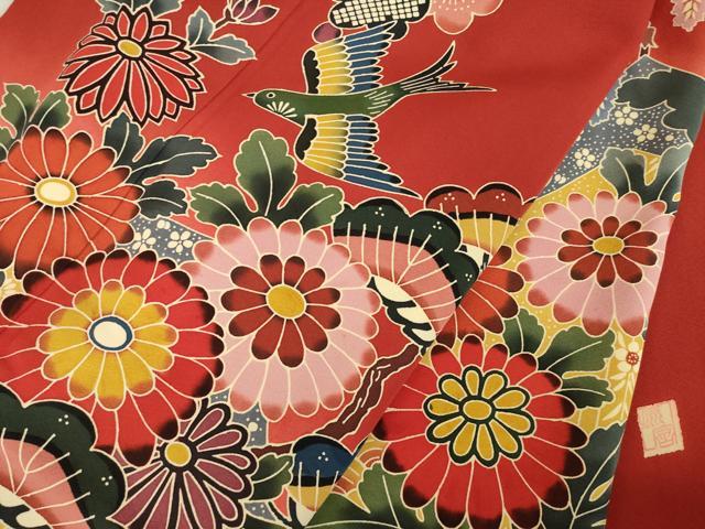 平和屋着物●極上　手ざし京紅型染・宮崎紅型　宮崎良次　振袖・長襦袢(無双)セット　花鳥文　暈し染め　ロング丈　正絹　逸品　AAAT5081ck