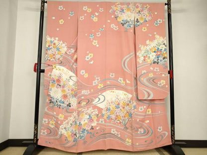 平和屋着物●本加賀友禅作家　中井節子　振袖　流水扇面花文　正絹　逸品　AAAT5097ck