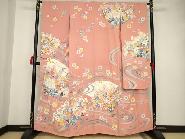 平和屋着物●本加賀友禅作家　中井節子　振袖　流水扇面花文　正絹　逸品　AAAT5097ck