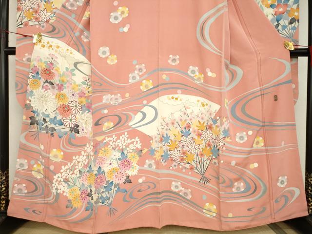平和屋着物●本加賀友禅作家　中井節子　振袖　流水扇面花文　正絹　逸品　AAAT5097ck
