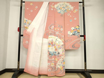 平和屋着物●本加賀友禅作家　中井節子　振袖　流水扇面花文　正絹　逸品　AAAT5097ck
