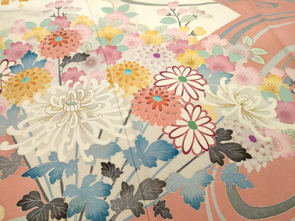 平和屋着物●本加賀友禅作家　中井節子　振袖　流水扇面花文　正絹　逸品　AAAT5097ck