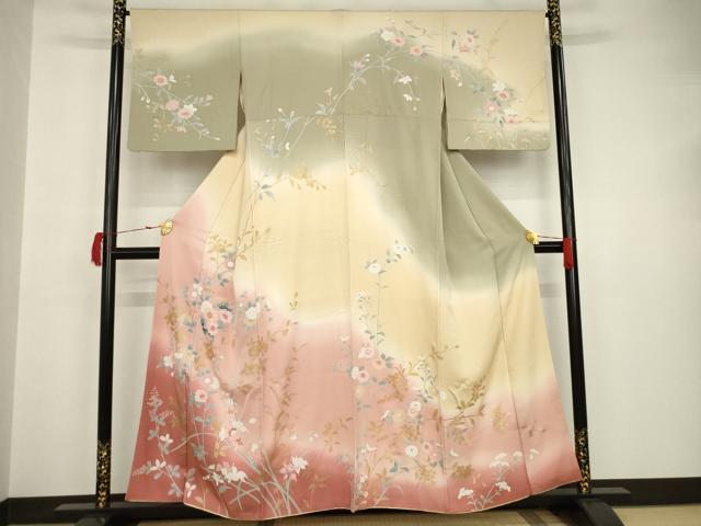 平和屋着物●訪問着 草花文 暈し染 金銀彩 正絹 逸品 AAAT5169ck
