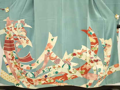 平和屋着物●アンティーク 大正ロマン 振袖 鬘帯吉祥文 金彩 正絹 逸品 AAAT5185ck