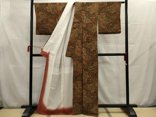 平和屋着物□上質な小紋 切嵌更紗花文 鬼しぼ縮緬 正絹