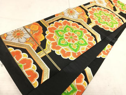 平和屋着物◎西陣 六通柄袋帯 唐織 正倉院花文 黒地 金銀糸 正絹 逸品 AAAT6056yx