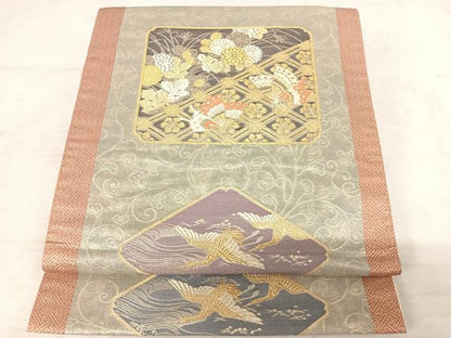 平和屋着物◎六通柄袋帯 唐織 色紙花鳥文 蝶 金糸 正絹 逸品 AAAT6057yx